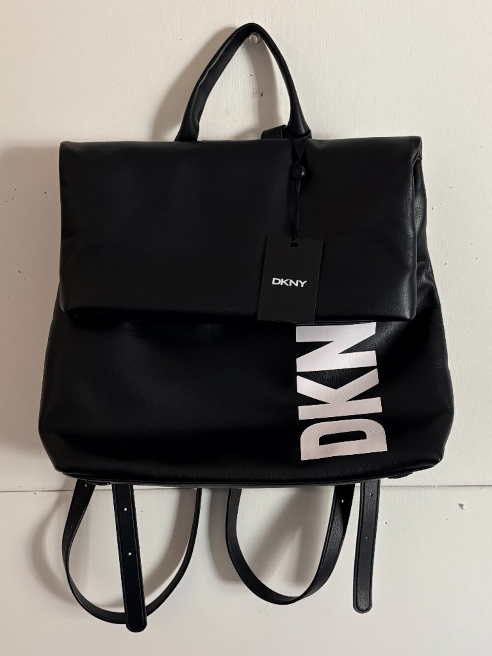 DKNY Black Faux Leather Tilly Fold Over White Logo Backpack Satchel